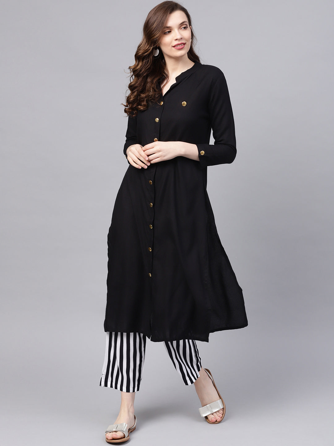 Ishin Women's Rayon Black Solid A-Line Kurta Palazzo Set