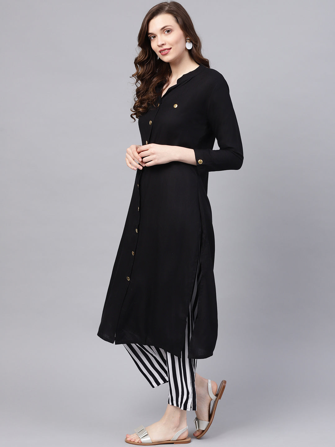 Ishin Women's Rayon Black Solid A-Line Kurta Palazzo Set