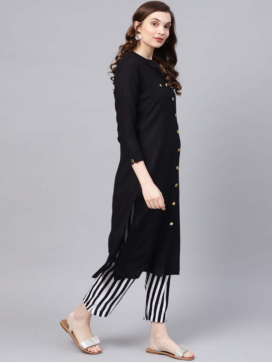 Ishin Women's Rayon Black Solid A-Line Kurta Palazzo Set