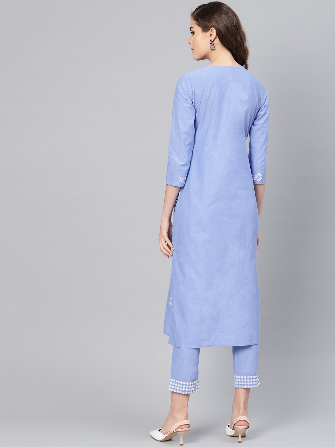 Ishin Women's Cotton Blue Embroidered A-Line Kurta Palazzo Set