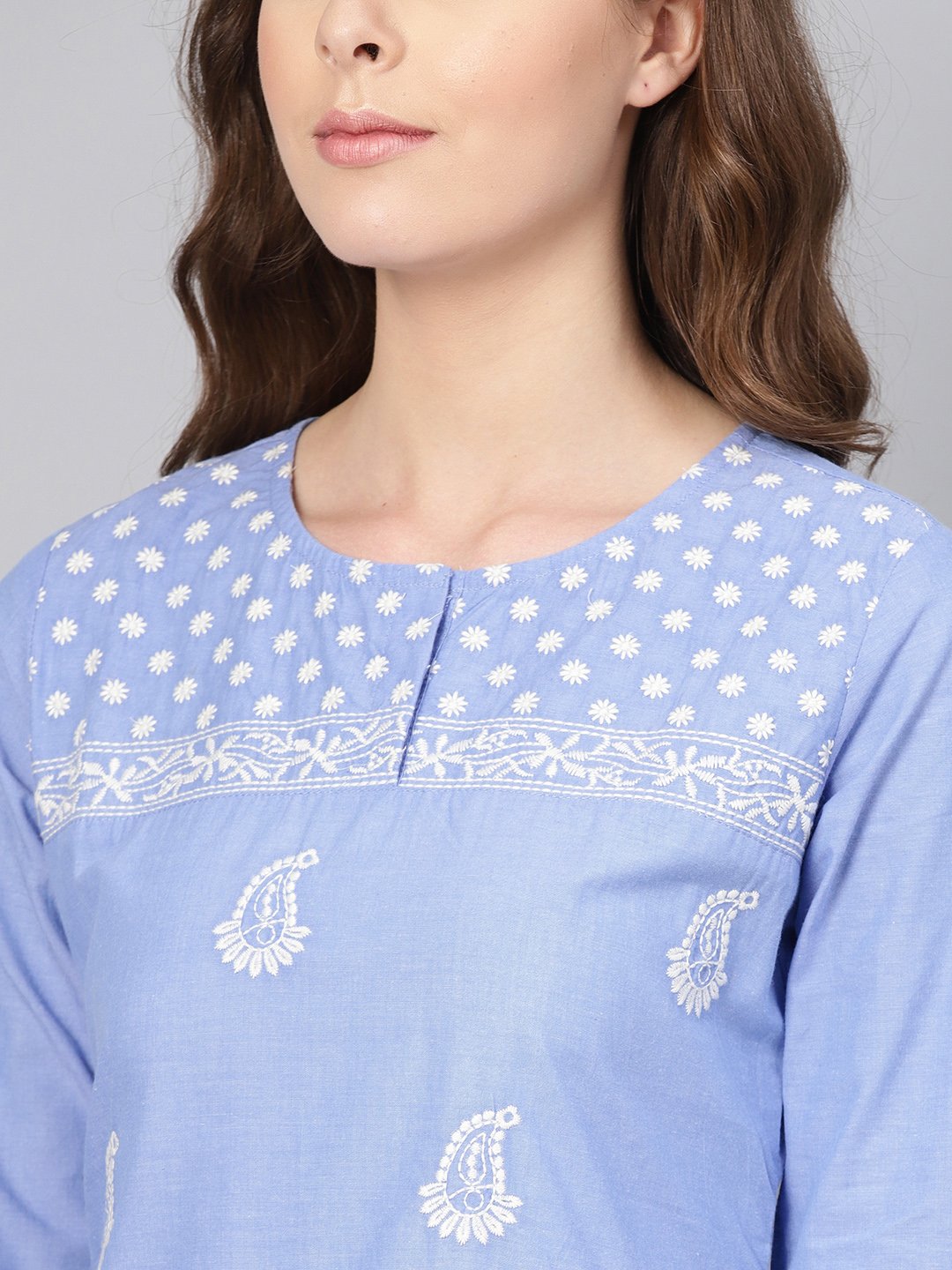 Ishin Women's Cotton Blue Embroidered A-Line Kurta Palazzo Set