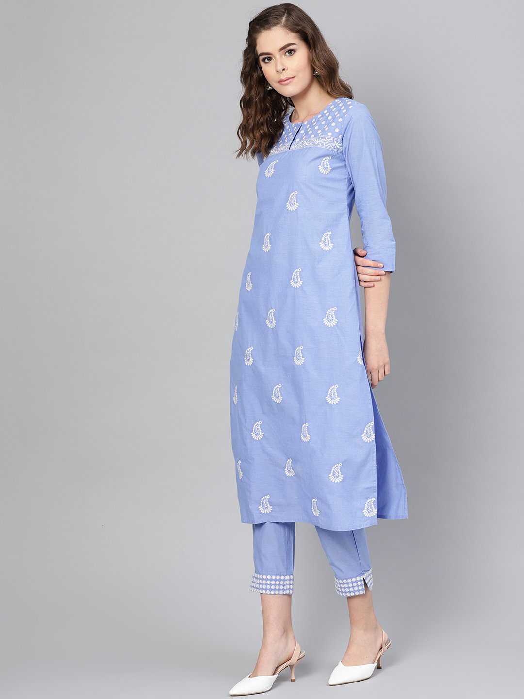 Ishin Women's Cotton Blue Embroidered A-Line Kurta Palazzo Set