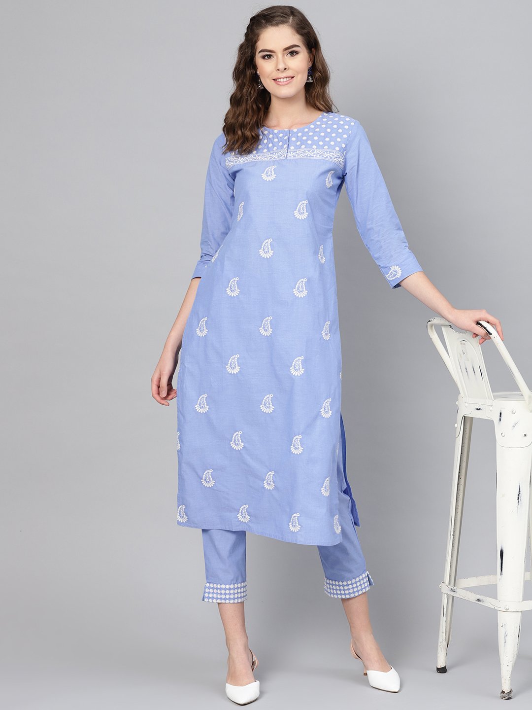 Ishin Women's Cotton Blue Embroidered A-Line Kurta Palazzo Set