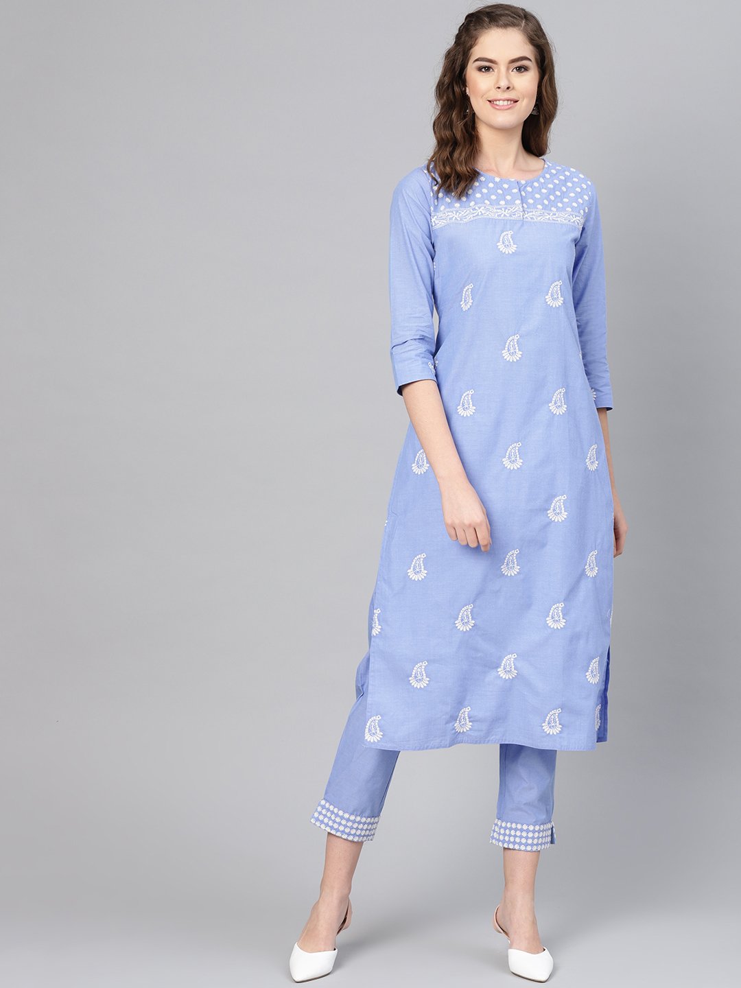Ishin Women's Cotton Blue Embroidered A-Line Kurta Palazzo Set