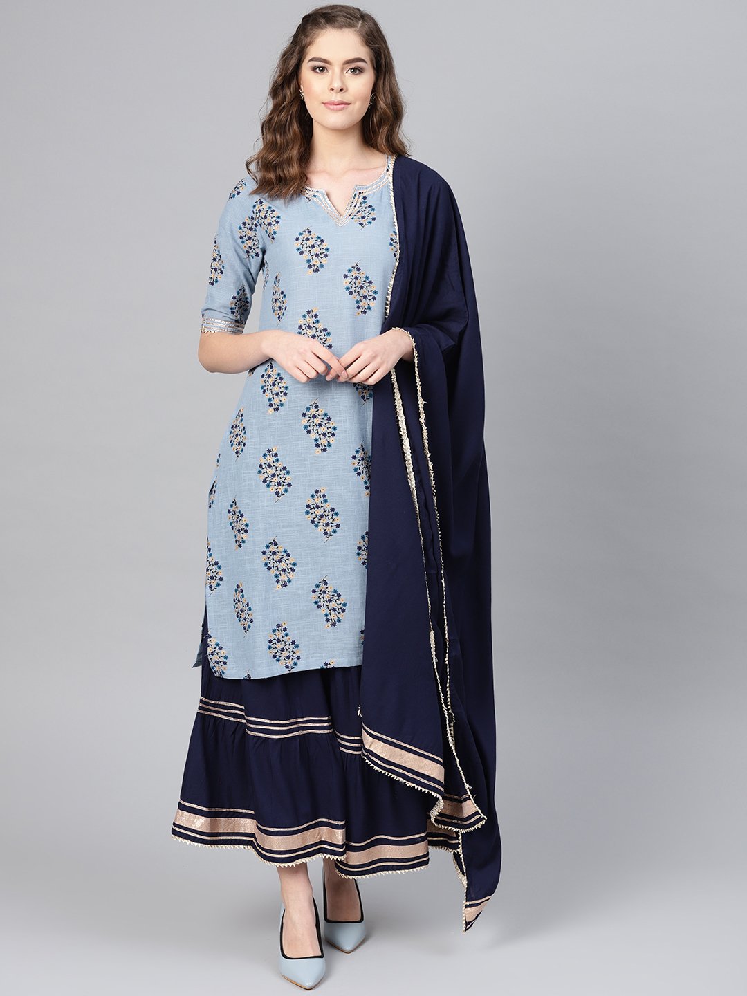 Ishin Women's Cotton Grey Printed A-Line Kurta Sharara Dupatta Set