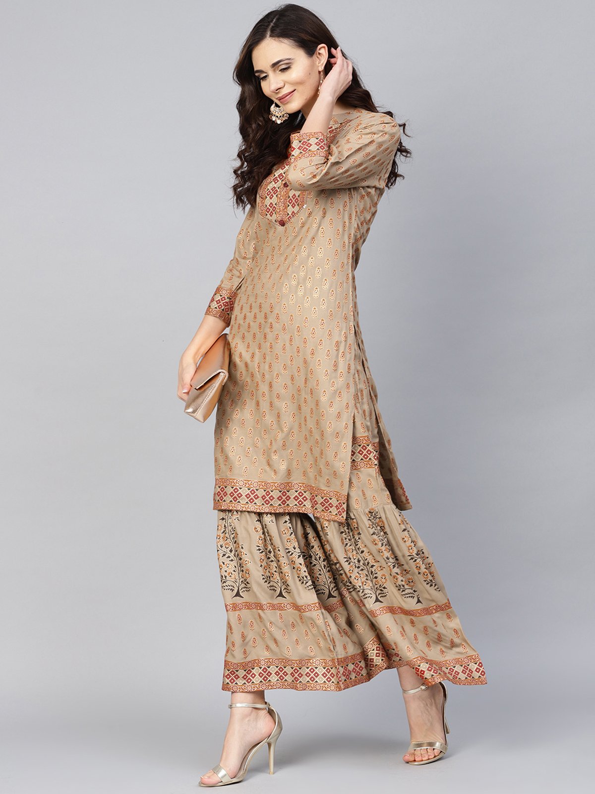 Ishin Women's Rayon Grey Printed A-Line Kurta Sharara Set