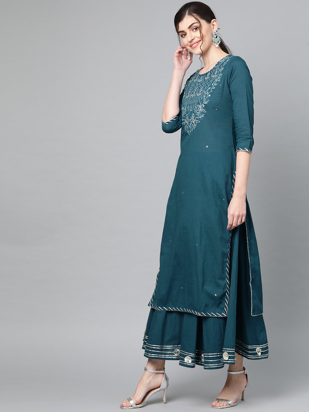 Ishin Women's Cotton Blue Embroidered A-Line Kurta Sharara Set