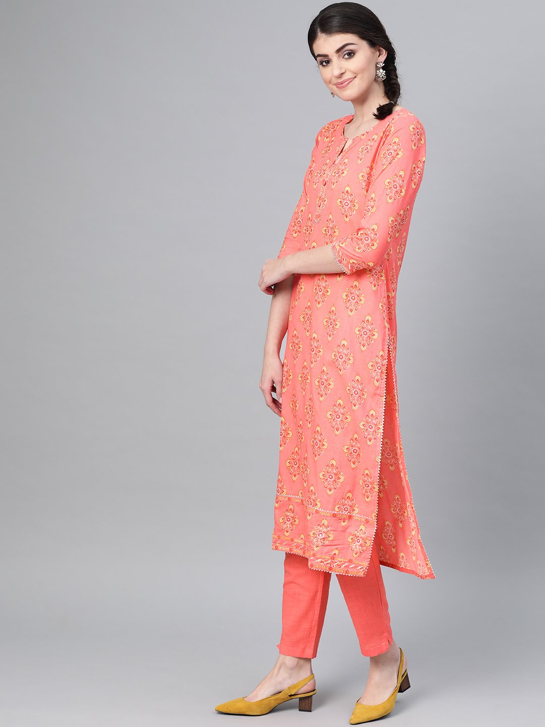 Ishin Women's Cotton Peach Embroidered A-Line Kurta Trouser Set