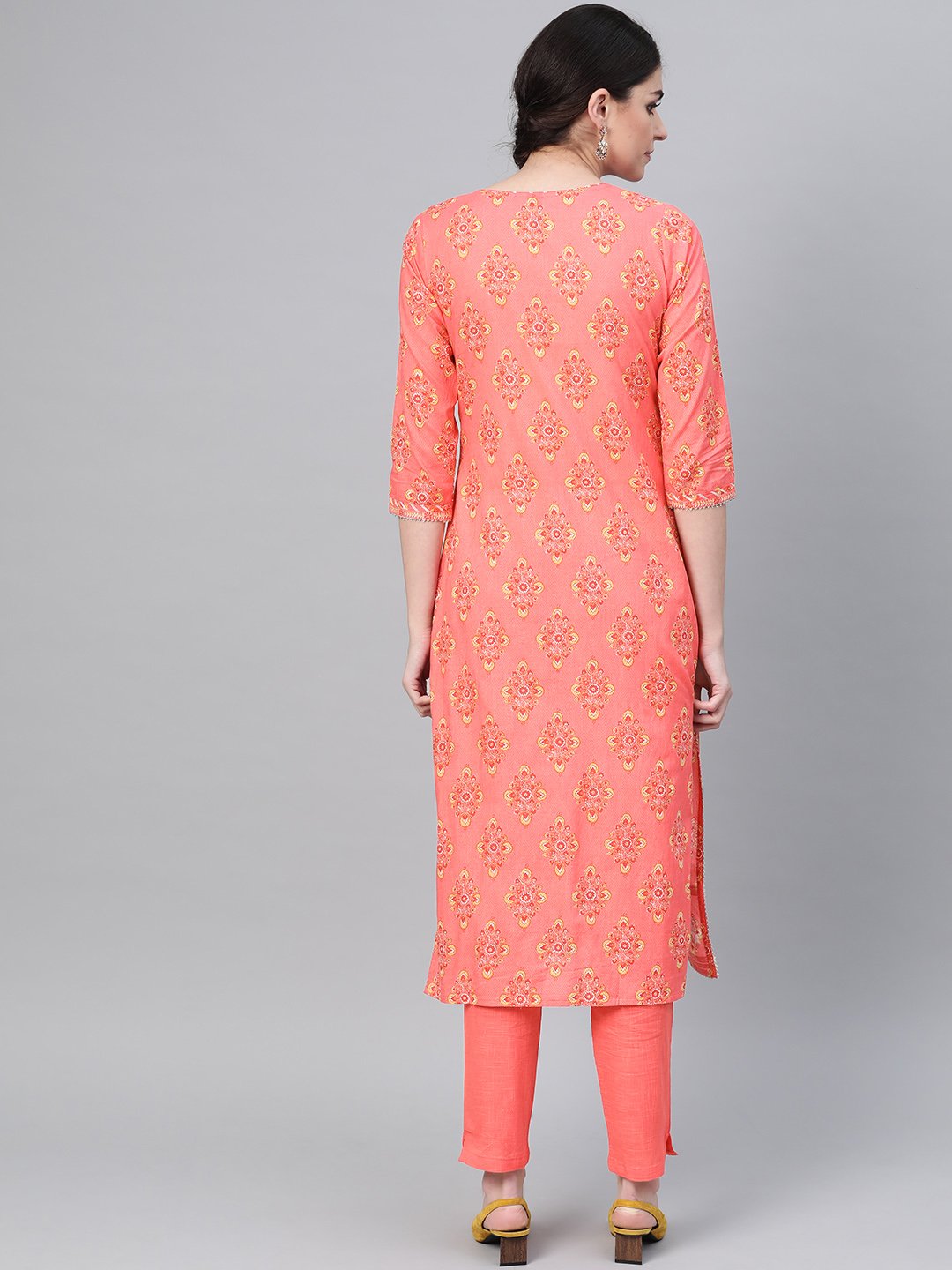 Ishin Women's Cotton Peach Embroidered A-Line Kurta Trouser Set