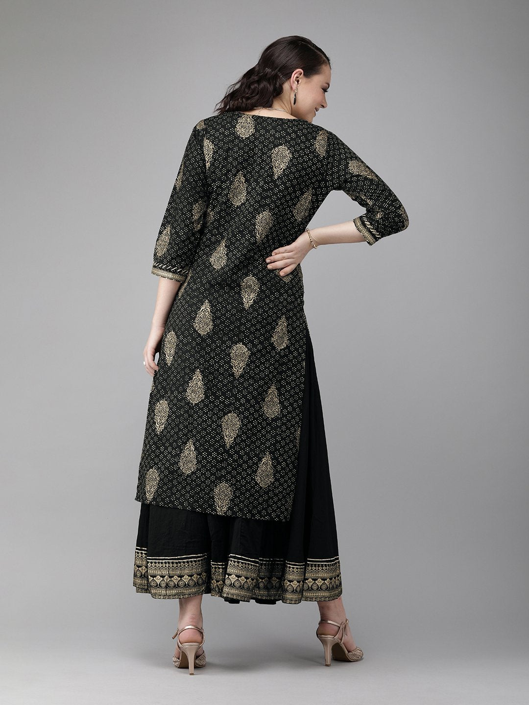 Ishin Women's Cotton Black Foil Printed A-Line Kurta Sharara Set