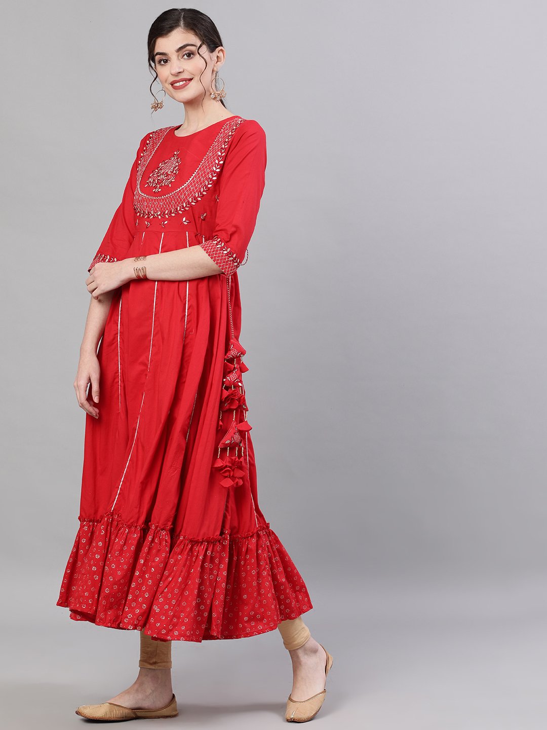 Ishin Women's Rayon Red Yoke Embellished Anarkali Kurta