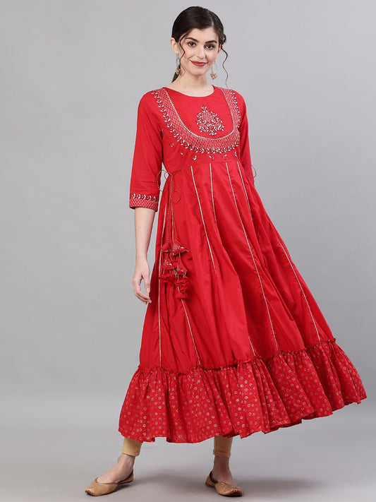 Ishin Women's Rayon Red Yoke Embellished Anarkali Kurta