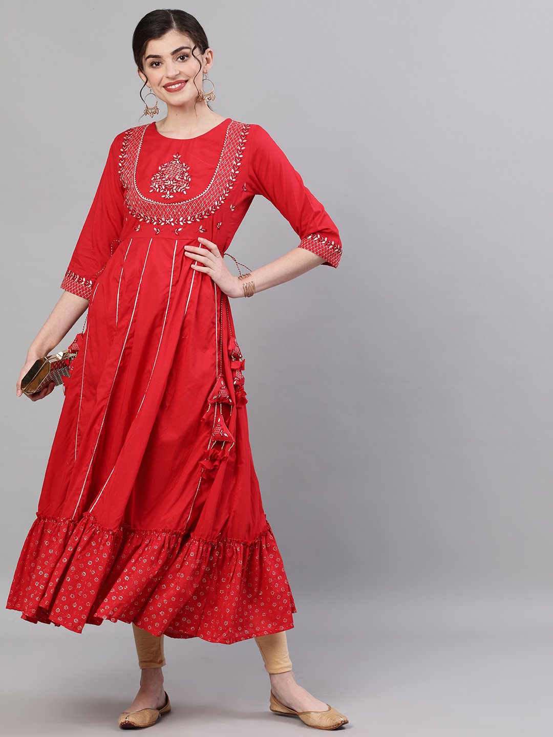 Red Embellished Anarkali Kurta
