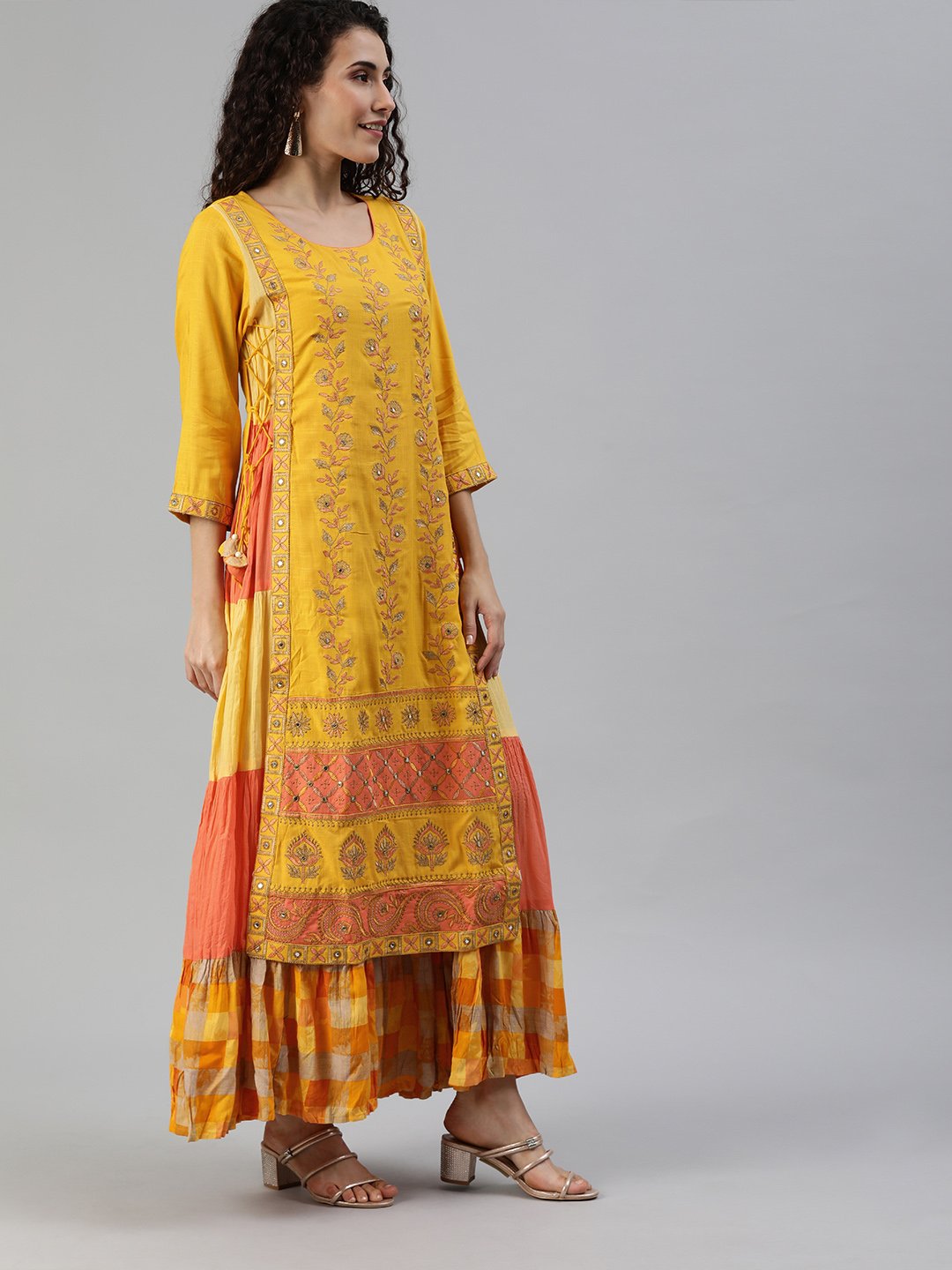 Ishin Women's Rayon Yellow Embroidered Layered Kurta