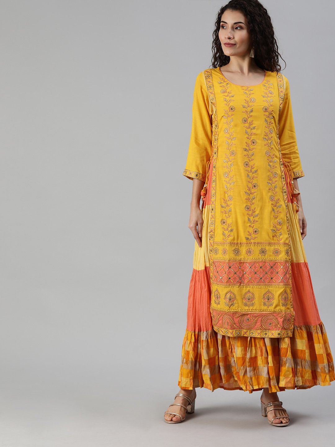 Ishin Women's Rayon Yellow Embroidered Layered Kurta