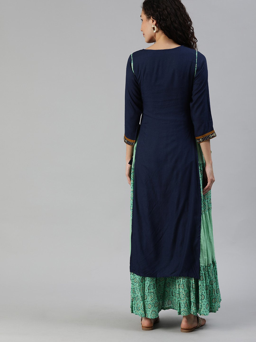 Ishin Women's Rayon Blue & Sea Green Embroidered Layered Kurta