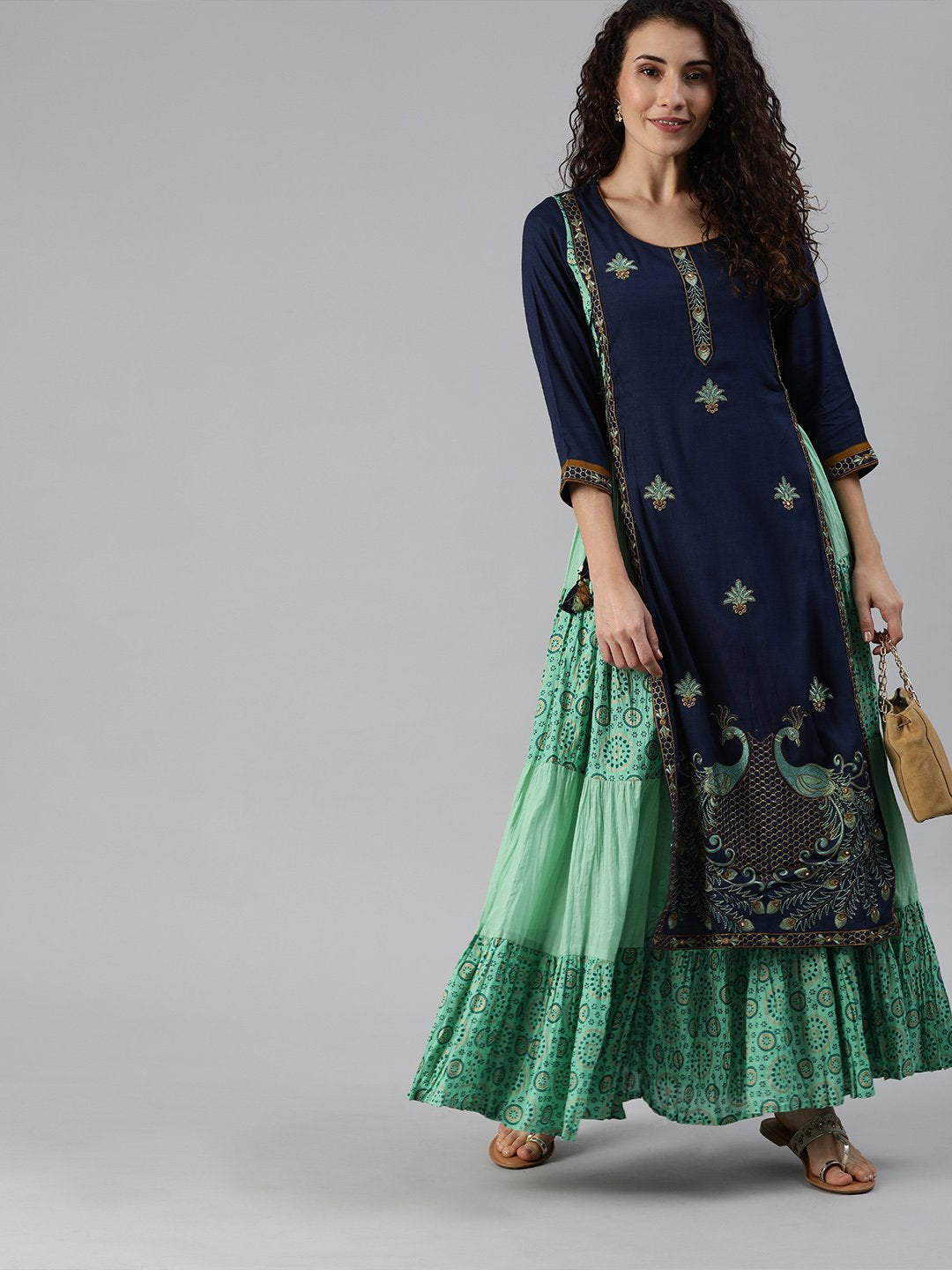 Ishin Women's Rayon Blue & Sea Green Embroidered Layered Kurta