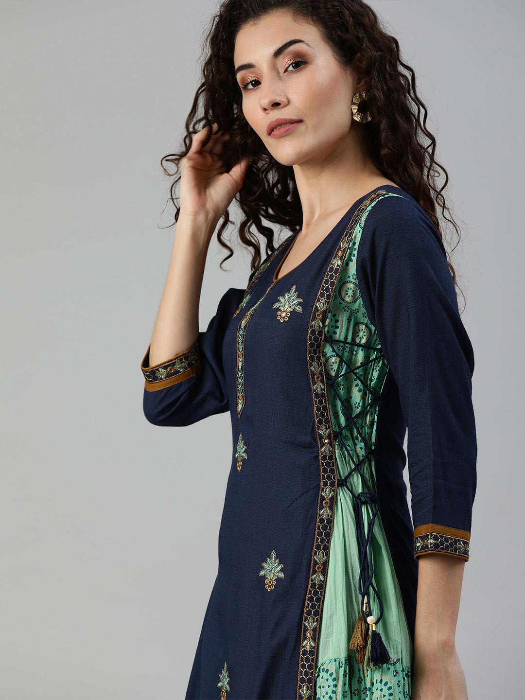 Buy Ishin Women's Rayon Blue & Sea Green Embroidered Layered Kurta Online Buy Ishin Women's Rayon Blue & Sea Green Embroidered Layered Kurta Online