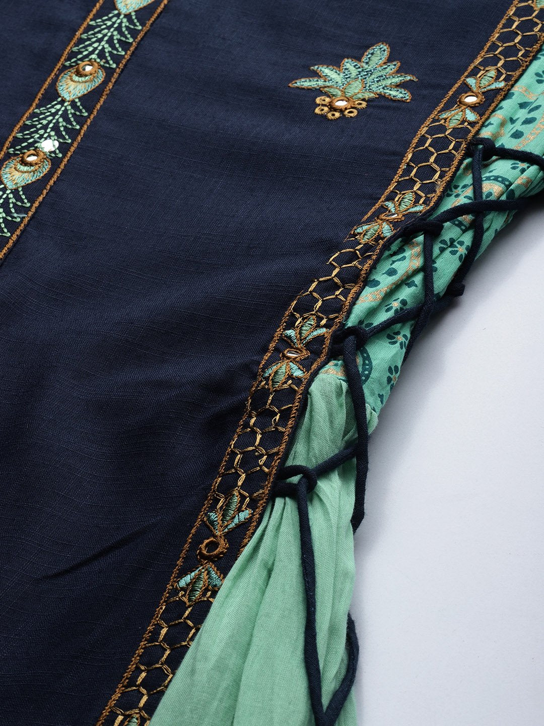 Ishin Women's Rayon Blue & Sea Green Embroidered Layered Kurta