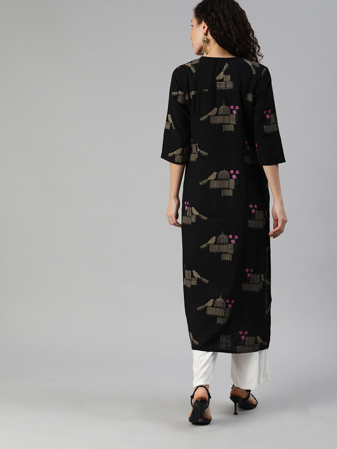 Ishin Women's Rayon Black Printed A-Line Kurta
