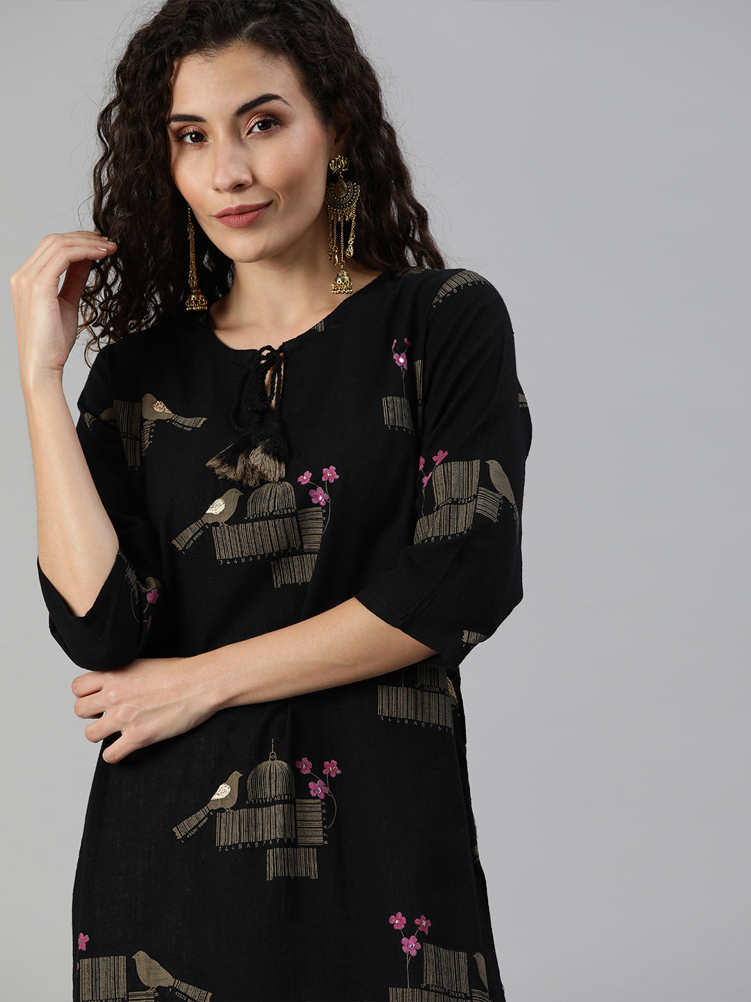 Ishin Women's Rayon Black Printed A-Line Kurta