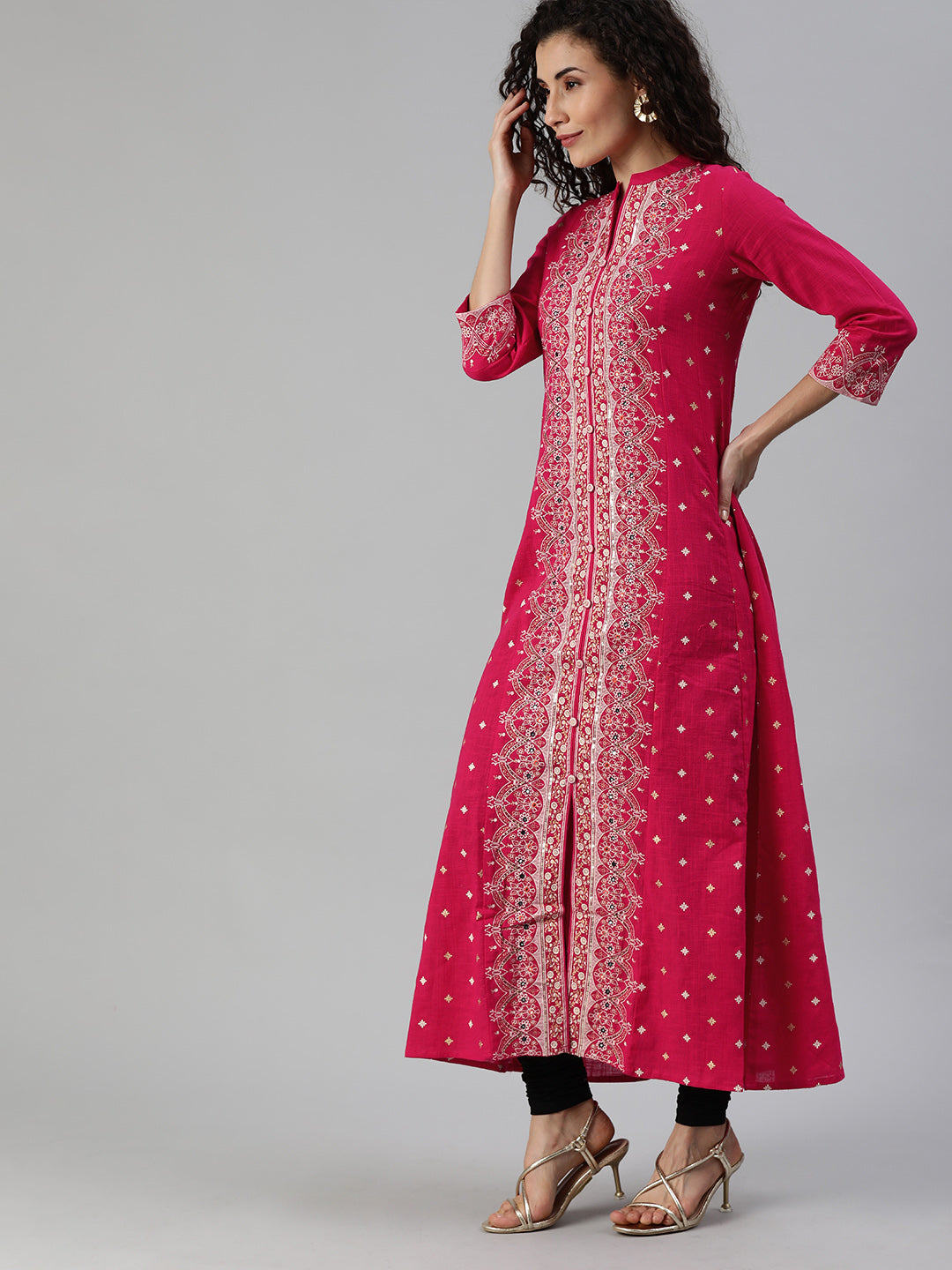 Ishin Women's Cotton Pink Embellished Anarkali Kurta