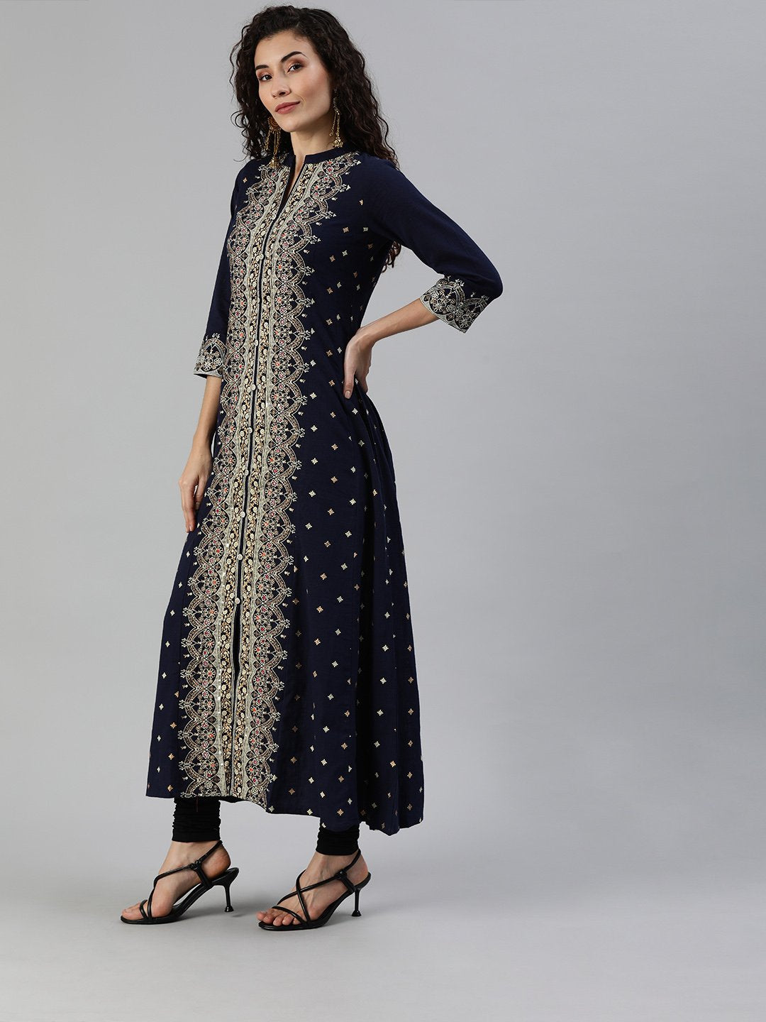 Ishin Women's Cotton Navy Blue Embellished Anarkali Kurta