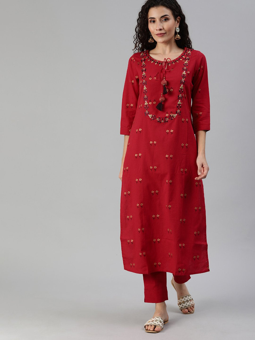 Ishin Women's Red Yoke Design A-Line Kurta