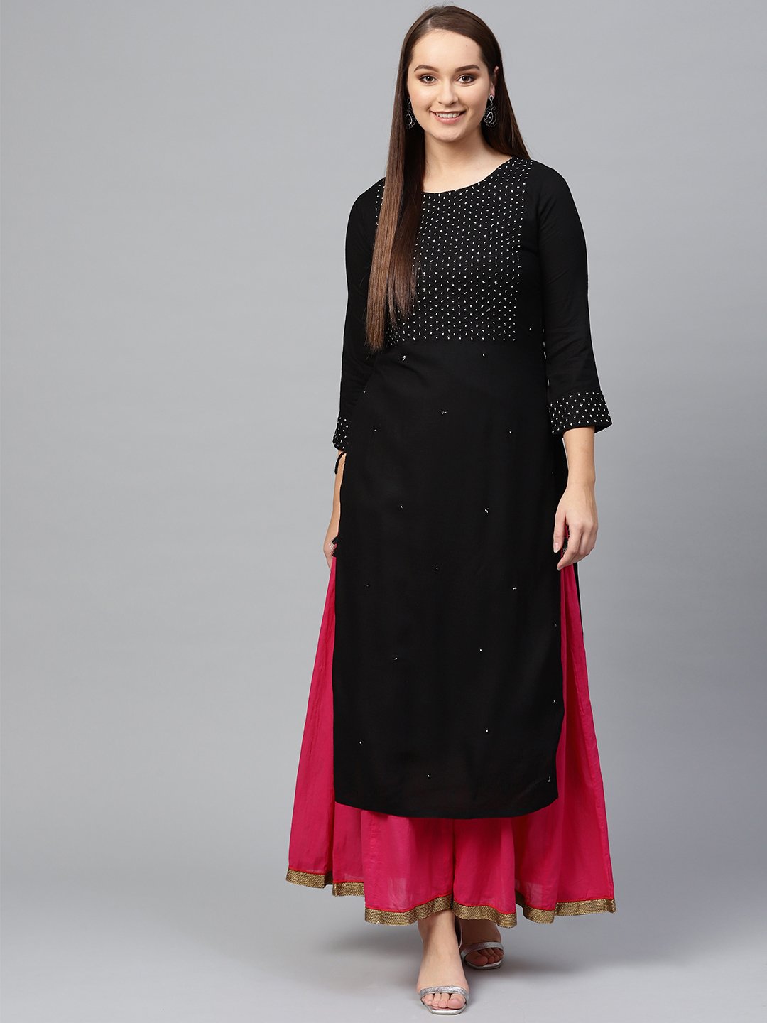 Ishin Women's Rayon Black Embroidered A-Line Kurta