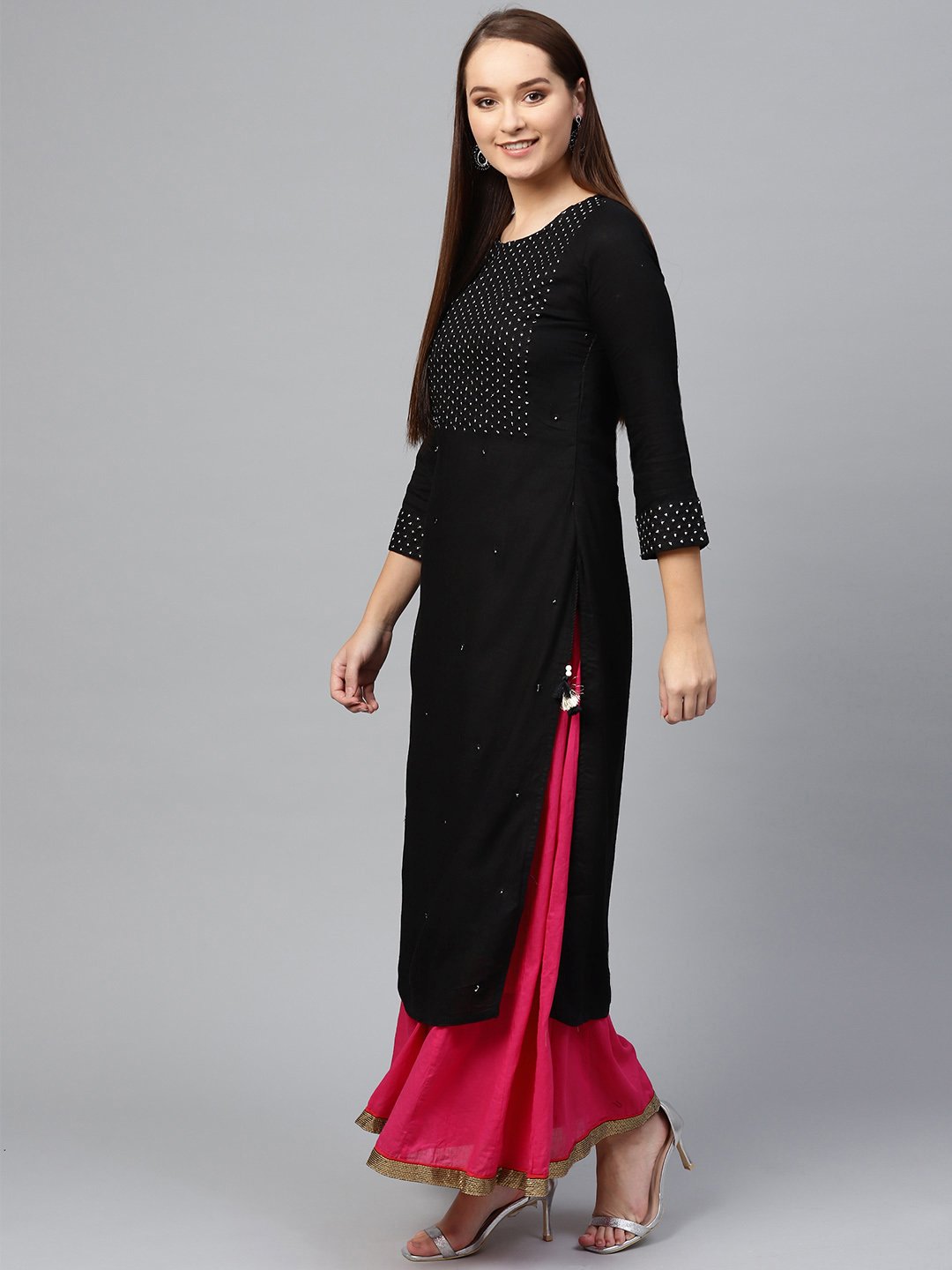 Ishin Women's Rayon Black Embroidered A-Line Kurta