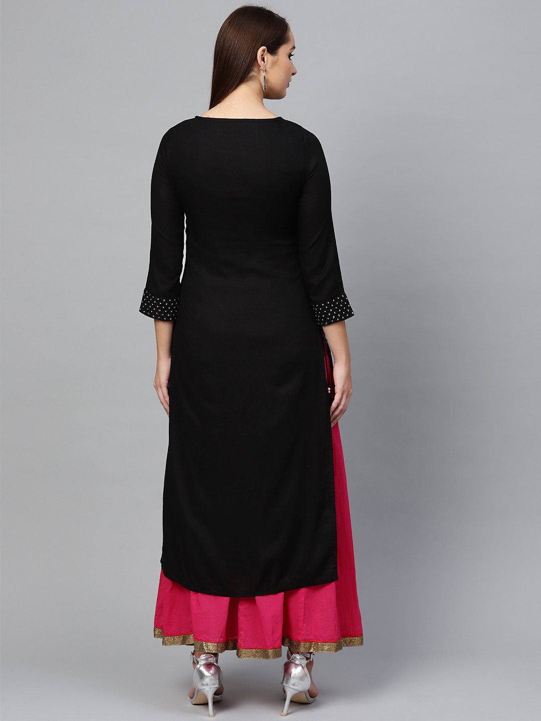 Ishin Women's Rayon Black Embroidered A-Line Kurta