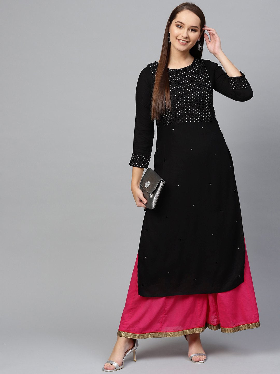 Ishin Women's Rayon Black Embroidered A-Line Kurta