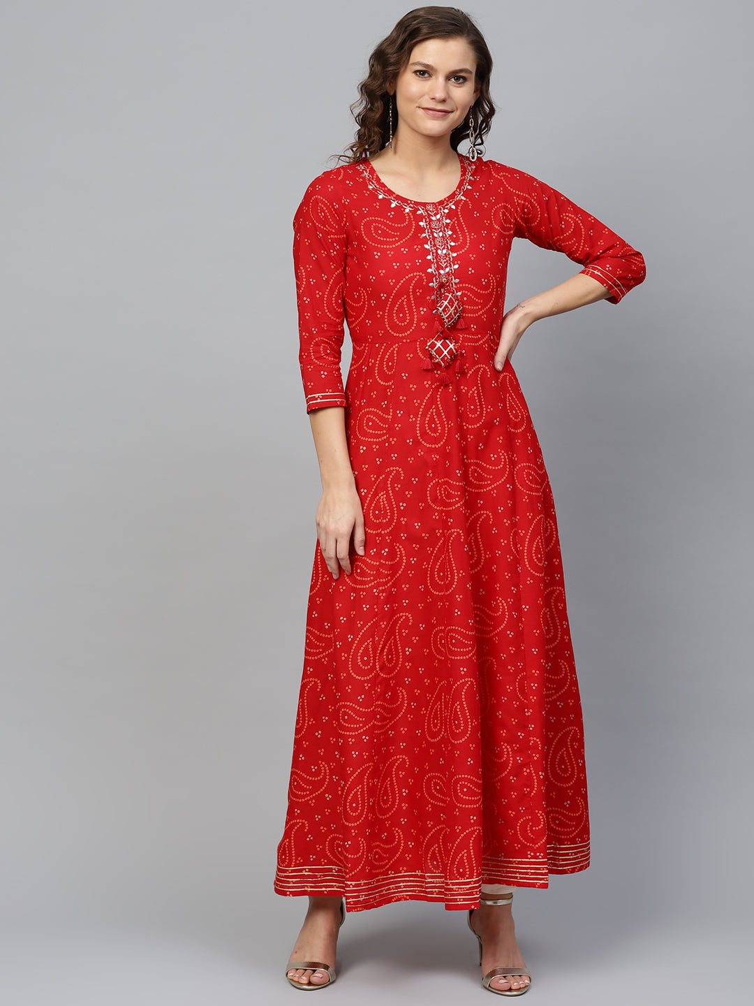 Ishin Women's Cotton Red Embellished With Gota Patti Anarkali Kurta