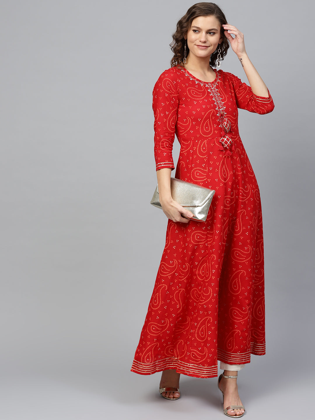 Ishin Women's Cotton Red Embellished With Gota Patti Anarkali Kurta