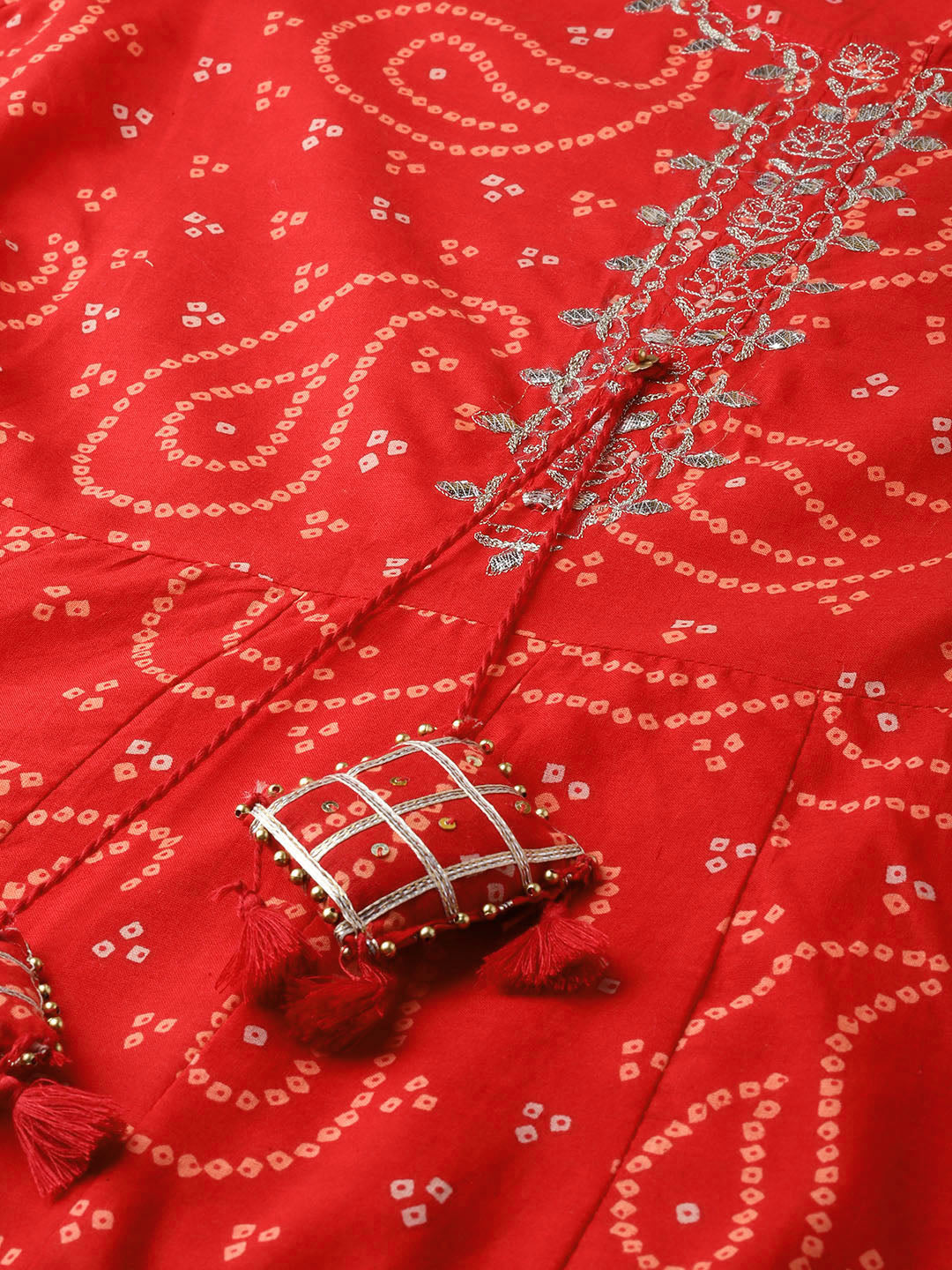 Ishin Women's Cotton Red Embellished With Gota Patti Anarkali Kurta