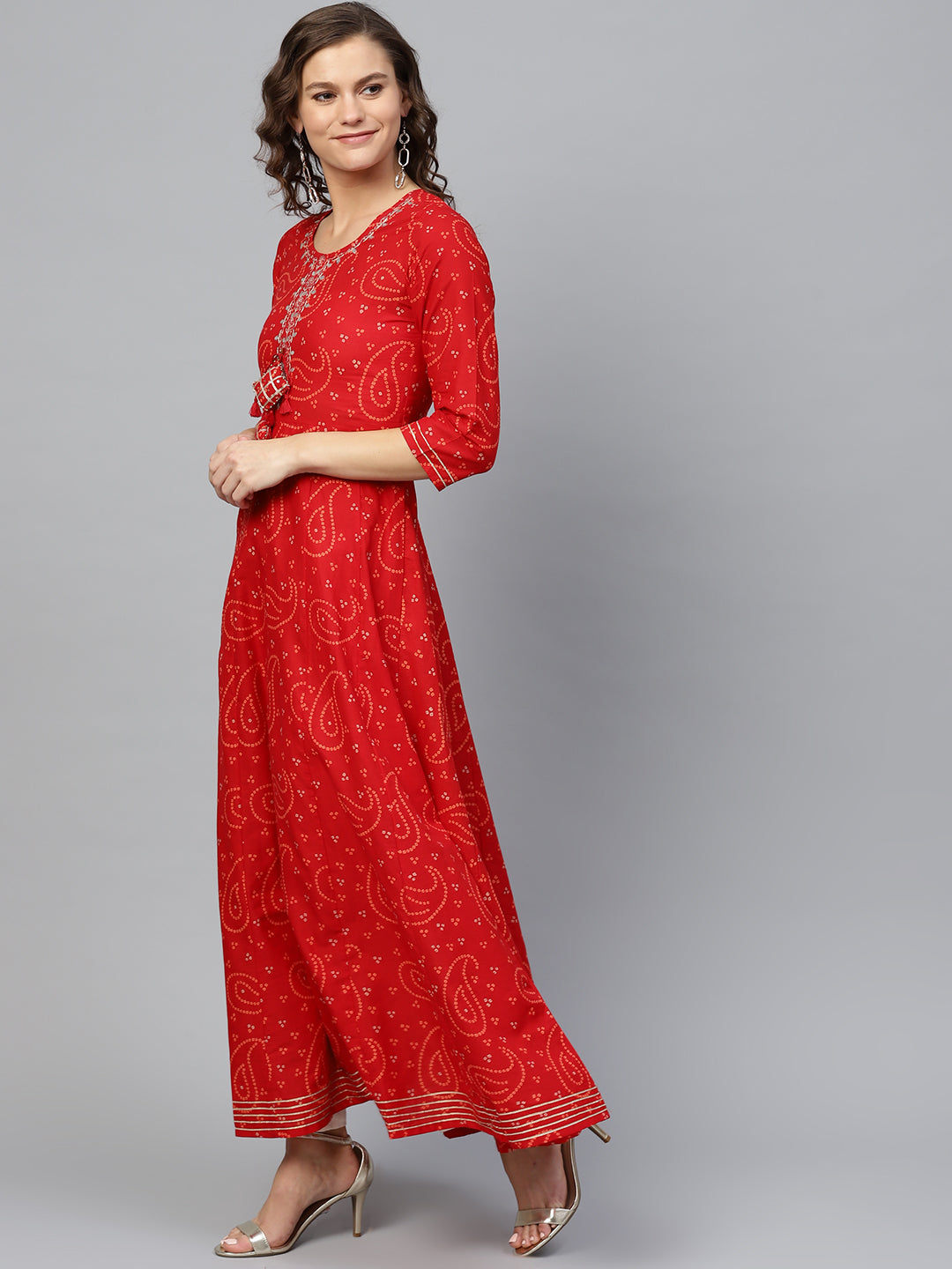 Ishin Women's Cotton Red Embellished With Gota Patti Anarkali Kurta