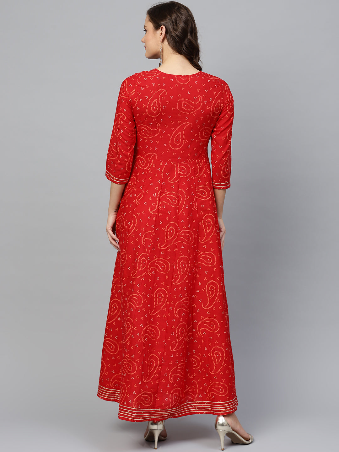 Ishin Women's Cotton Red Embellished With Gota Patti Anarkali Kurta