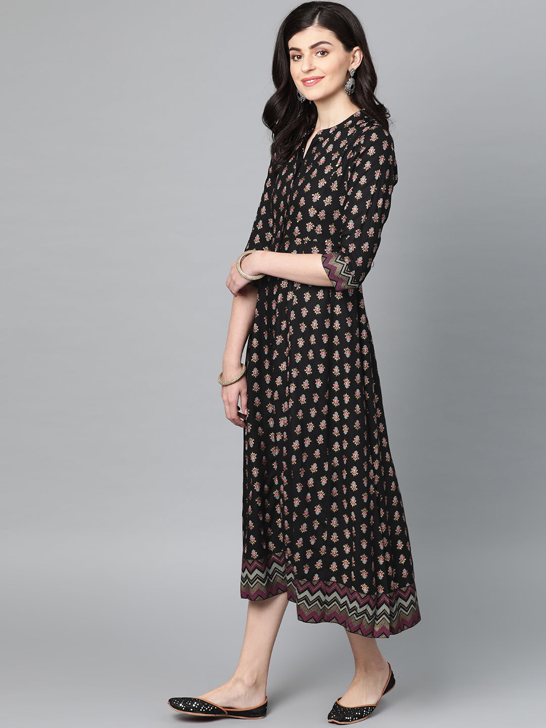 Ishin Women's Rayon Black Foil Printed Anarkali Flared Dress