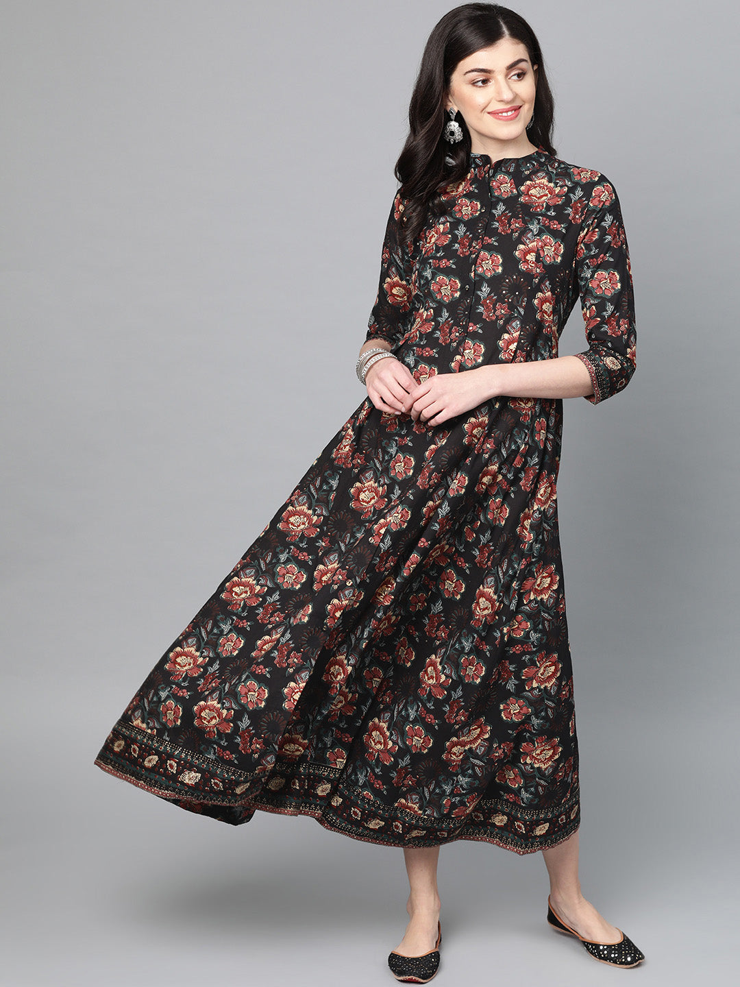 Ishin Women's Cotton Black Embellished Flared Dress
