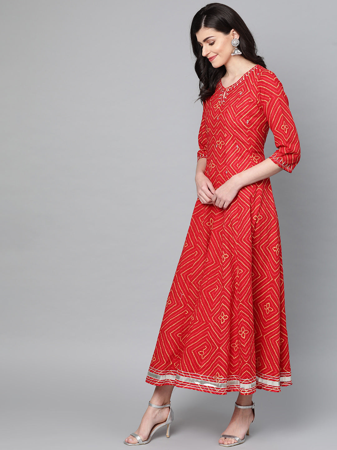 Ishin Women's Cotton Red Bandhani Embroidered Anarkali Flared Kurta