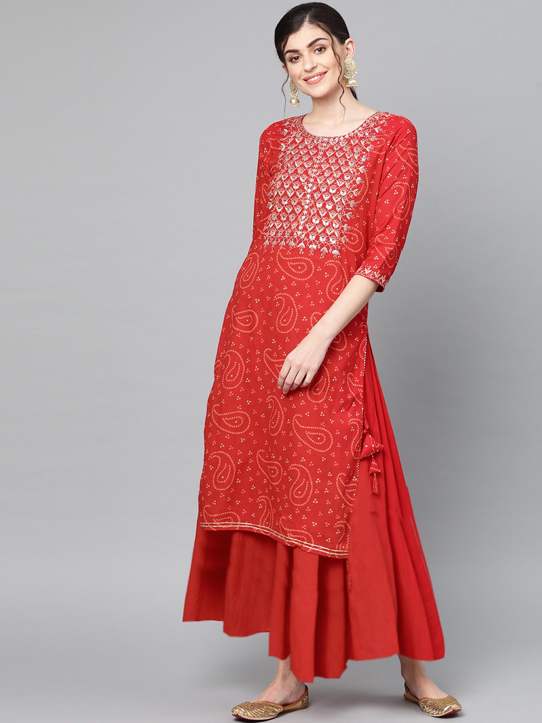 Ishin Women's Cotton Red Embroidered A-Line Kurta