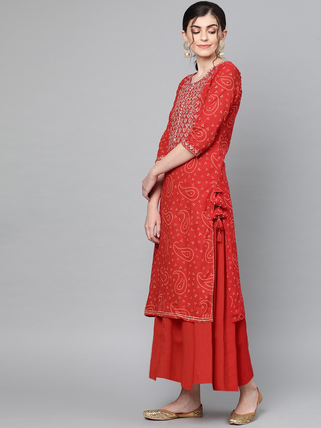 Ishin Women's Cotton Red Embroidered A-Line Kurta