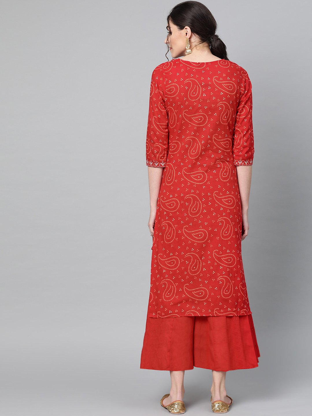 Ishin Women's Cotton Red Embroidered A-Line Kurta