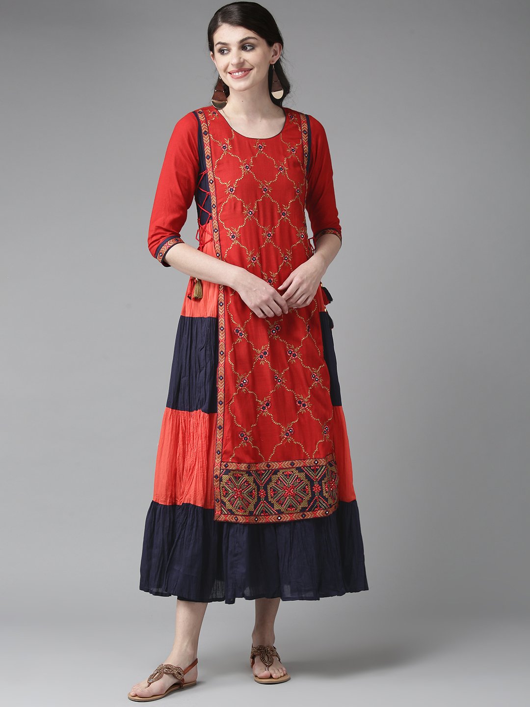 Ishin Women's Rayon Red & Navy Blue Embroidered Layered Tiered Anarkali Kurta