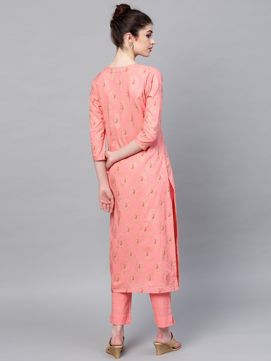 Ishin Women's Cotton Pink Foil Printed A-Line Kurta