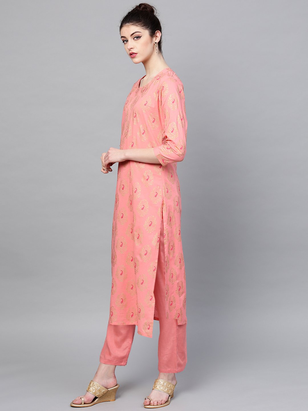 Ishin Women's Cotton Pink Foil Printed A-Line Kurta