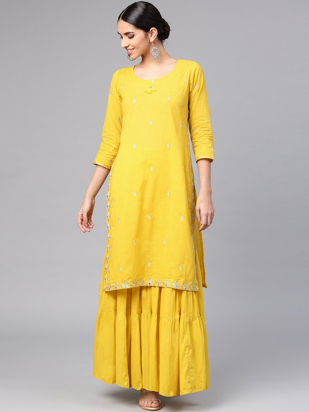 Ishin Women's Cotton Mustard Yellow Embroidered A-Line Kurta