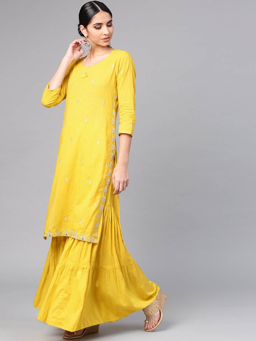 Ishin Women's Cotton Mustard Yellow Embroidered A-Line Kurta