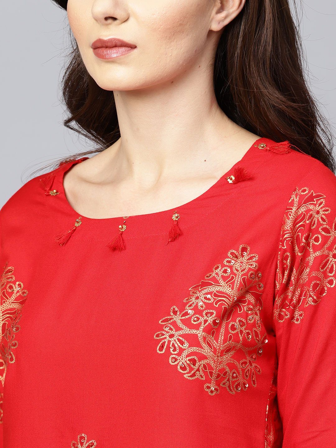 Ishin Women's Rayon Red Foil Printed With Sequin Work A-Line Kurta