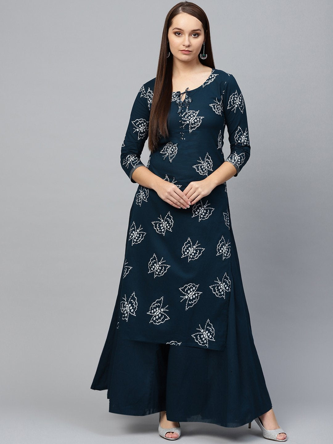 Ishin Women's Cotton Blue Bandhani Printed Embellished A-Line Kurta Sharara Set